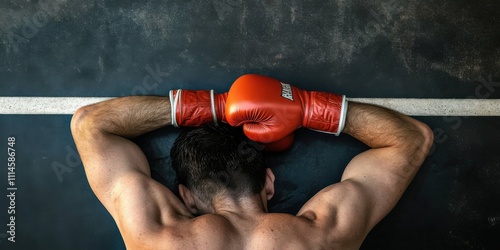 A Defeated Boxer is Taking a MuchNeeded Rest in the Boxing Ring Following a Tough, Grueling Match photo