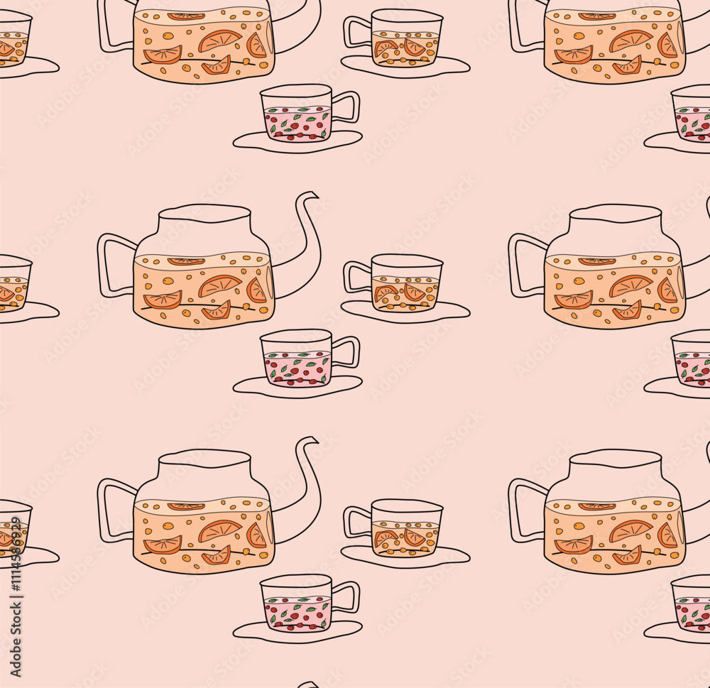 Obraz premium Seamless pattern with teapots and cups of berry, mandarin, and sea buckthorn tea. Winter drinks. Decorative background. Hand-drawn style. Ideal for seasonal designs. Flat vector illustration.