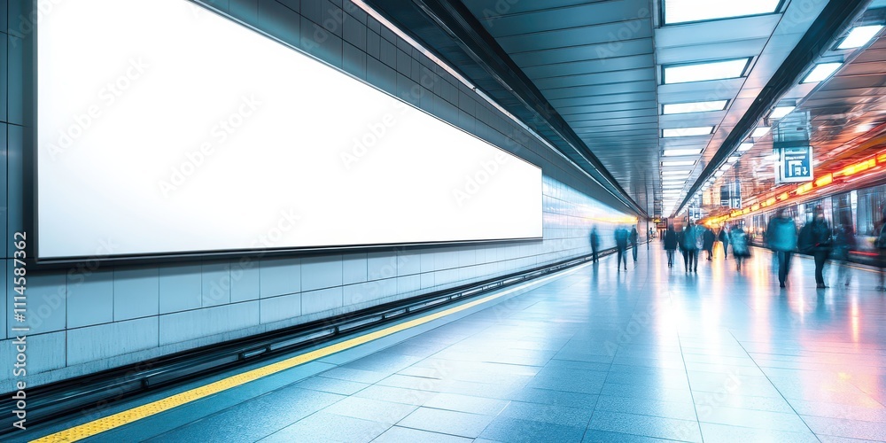 Urban subway station with a glowing white layout billboard on the wall, reflecting off sleek metallic floors, blurred motion of commuters. Urban subway station with a glowing white layout billboard on the wall, reflecting off sleek metallic floors, blurred motion of commuters.