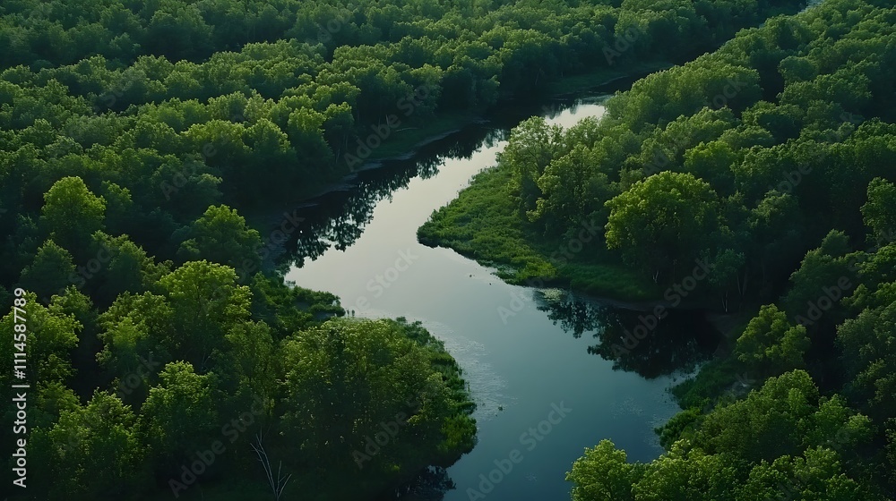 Fototapeta premium Winding river flows through lush jungle landscape at golden hour, capturing nature's beauty