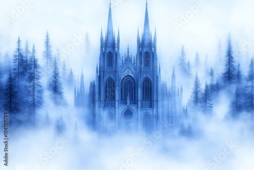 Ancient cathedral spires rising through winter morning mist