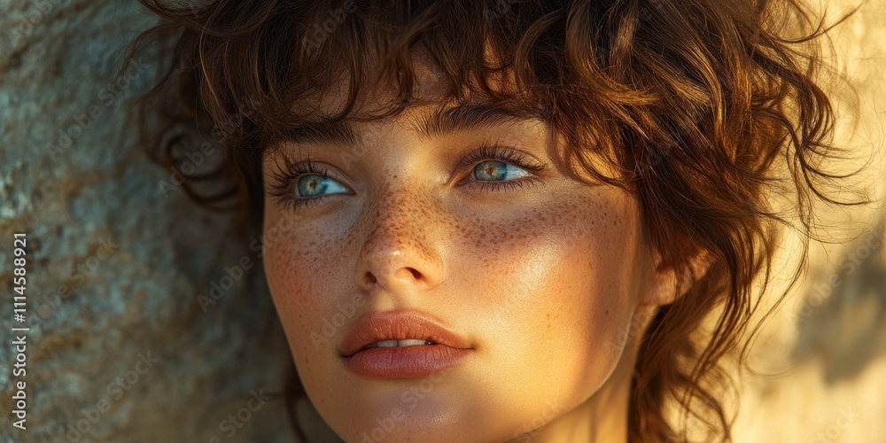 Fototapeta premium Beauty captured in natural light with freckles enhancing youthful features by a rocky backdrop during golden hour