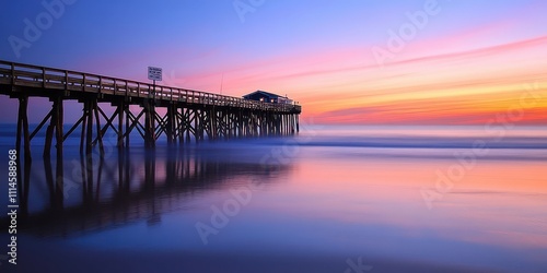 Wallpaper Mural Quiet fishing pier with a white sign mounted on a wooden post, calm waters reflecting the colors of the early morning sky. Torontodigital.ca