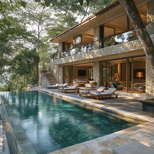 Wallpaper Mural A modern villa with a pool surrounded by lush greenery, ideal for relaxation and leisure. Torontodigital.ca