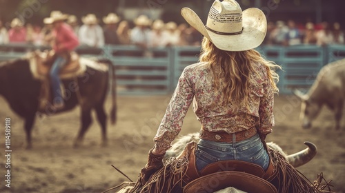 Cowgirl Riding a Bull at a Rodeo Competition