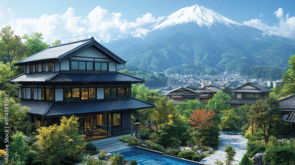 Naklejka premium japanese architecture with nature, japanese house with a pool, modern japanese building, japanese architectural style