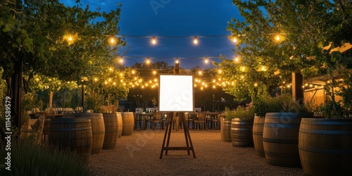 Vineyard courtyard with a glowing white menu board on an easel, surrounded by wine barrels and string lights. photo