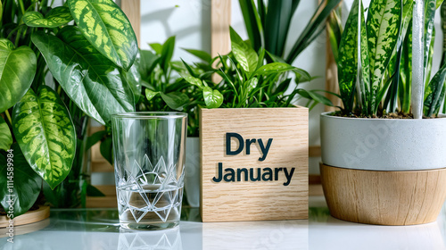 Dry January concept. Empty glass of alcohol standing on shelf with plants, with wooden board. Sobriety challenge, self control campaign photo