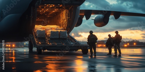 Military cargo plane parked on a runway, illuminated by the soft glow of twilight, soldiers loading supplies into its open hatch. photo