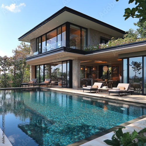 Wallpaper Mural A modern villa with a pool, surrounded by greenery and designed for relaxation and leisure. Torontodigital.ca