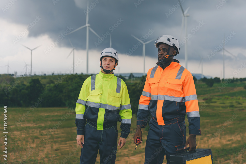 Engineer Checking maintenance view of a wind turbine during a thunderstorm, with rain clouds in the background. engineer working in a wind turbine a on a Cloudy Day Engineer Checking maintenance view of a wind turbine during a thunderstorm, with rain clouds in the background. engineer working in a wind turbine a on a Cloudy Day