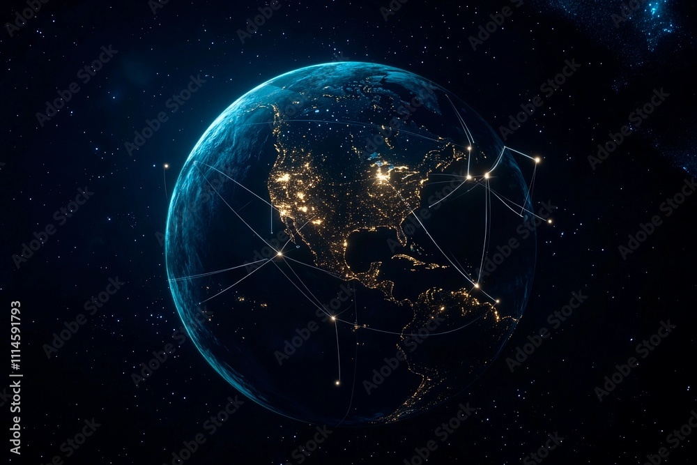 Obraz premium Exploring interconnected cities glowing on Earth from a cosmic perspective. Generative AI