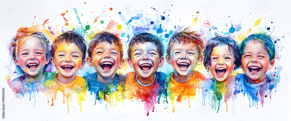 Obraz premium Joyful Children in Vibrant Watercolor Illustration, AI GENERATIVE 