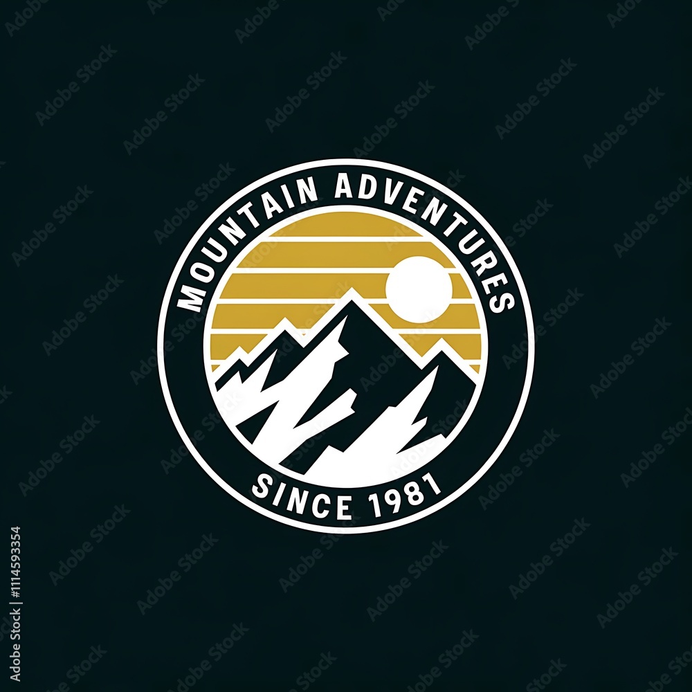 Badge-Style Design with Snow-Capped Mountains, Golden Stripes, and Circular Sun or Moon on Black Background Badge-Style Design with Snow-Capped Mountains, Golden Stripes, and Circular Sun or Moon on Black Background