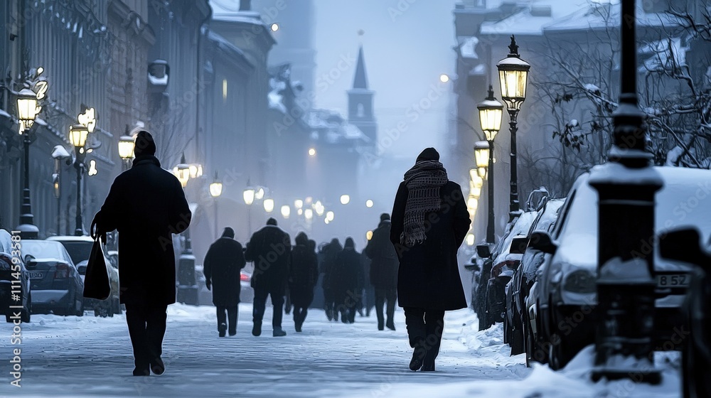 Obraz premium Frosted cityscape with snow-covered rooftops, people wrapped in scarves walking through foggy, lamp-lit streets, winter serenity