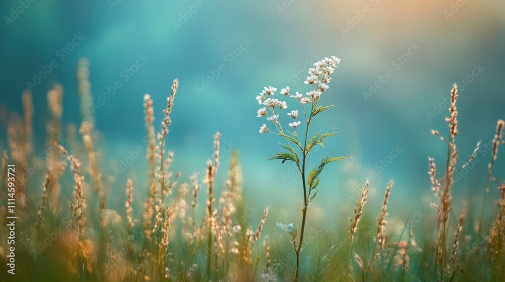 Naklejka premium White wildflowers in a field at sunrise.
