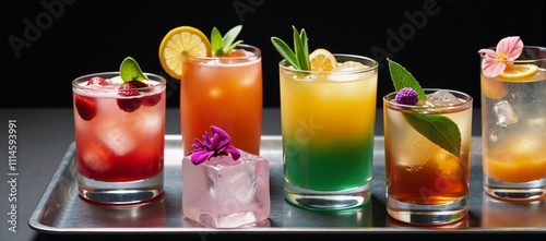 Collection of Chilled Beverages adorned with Ice  Garnishes Cool Refreshments photo