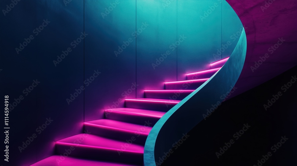 Obraz premium Abstrakte Treppe mit Neonlicht in Blau und Pink