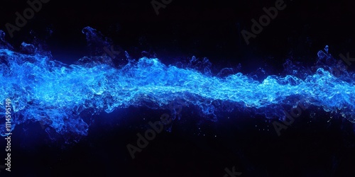 Dynamic streaks of neon blue light cutting horizontally across a deep black background. photo