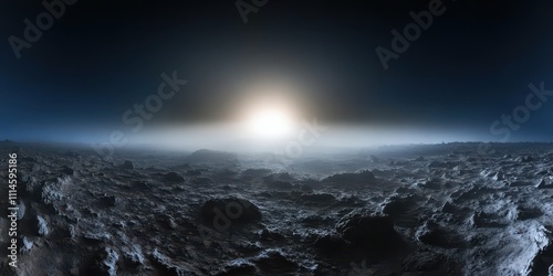 A horizon of dense white mist rising softly over a dark, rocky surface, illuminated by faint overhead light. photo