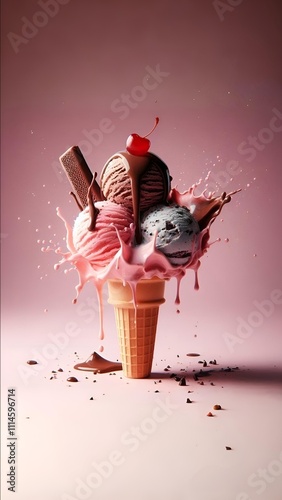 three scoops of ice cream of different flavors in a cone leaking on a pink background