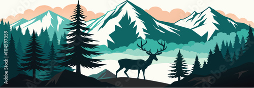 Free vector Beautiful forest landscape silhouette with elk
