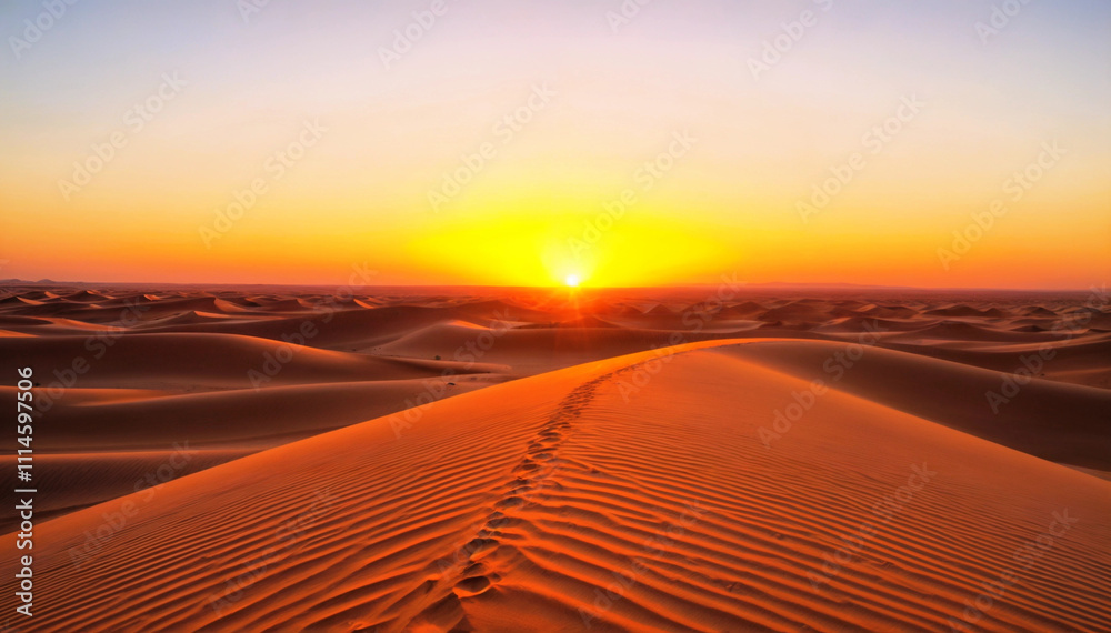Naklejka premium A stunning sunrise over desert sand dunes, showcasing the beauty of rippled sand patterns and warm, glowing tones.