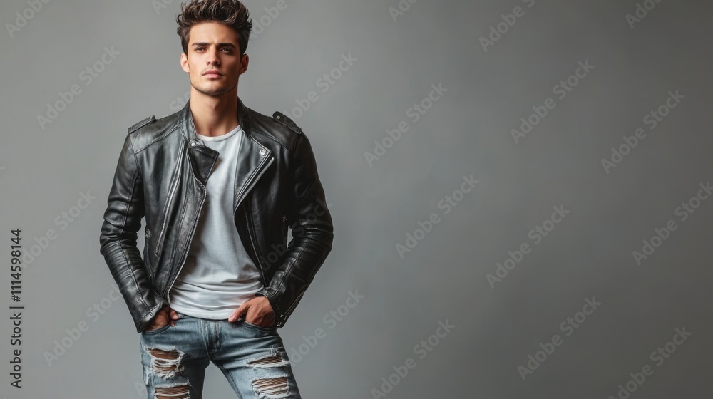 Fototapeta premium A young man showcases a stylish look in a leather jacket and ripped jeans