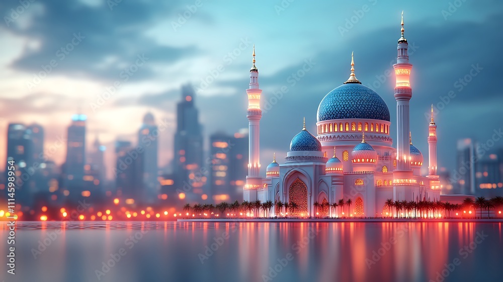 Fototapeta premium Majestic Mosque Cityscape Evening Illumination