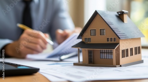 House Model Beside Businessman Reviewing Documents photo