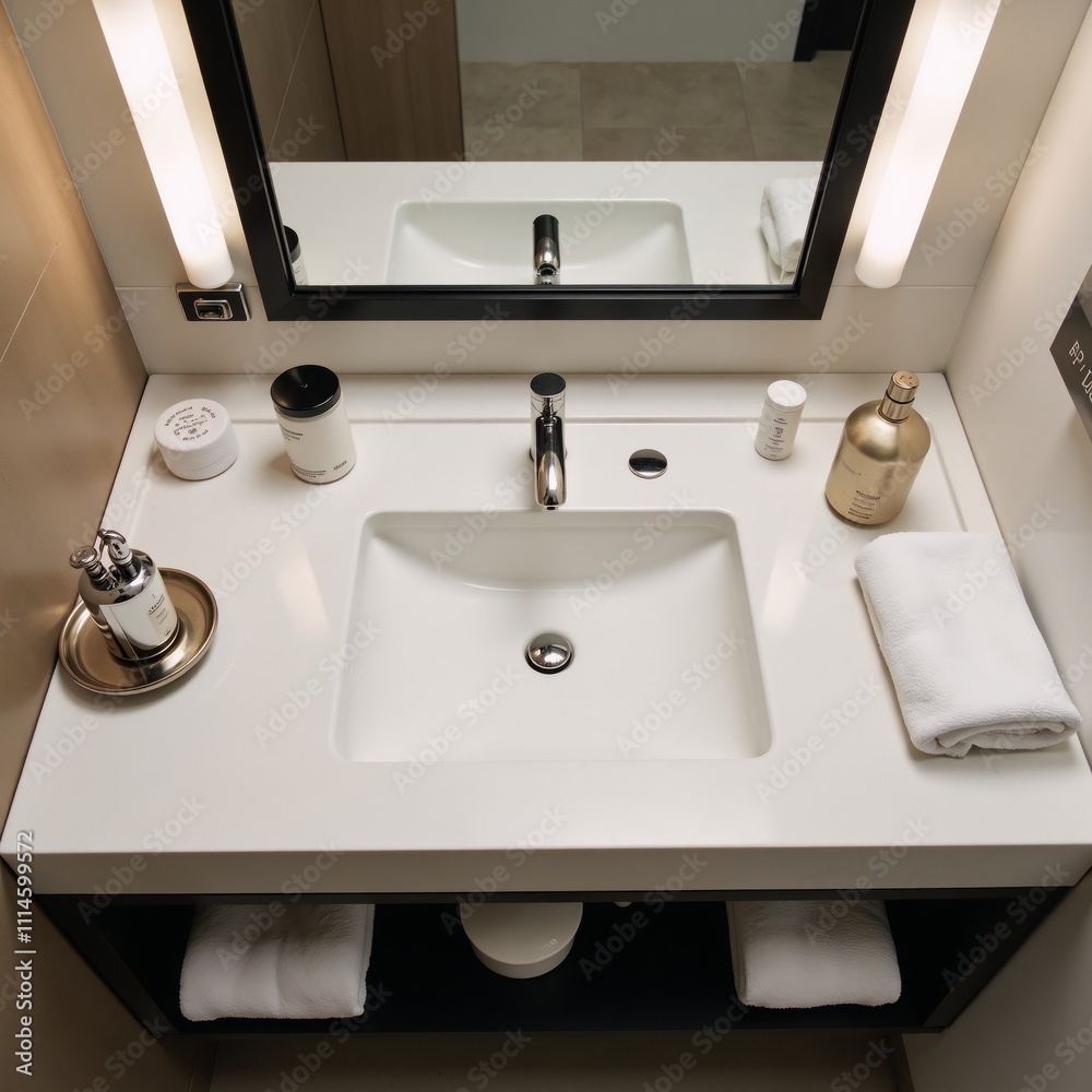 Fototapeta premium Top-view image of chic hotel bathroom interior showcasing a sink and accessories on a vanity