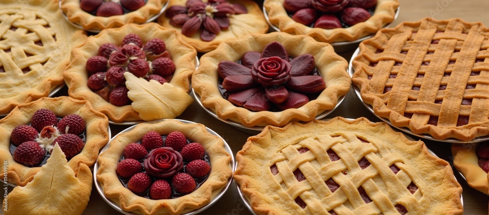 Illustration showcasing a selection of pie varieties featuring intricate lattice and leaf crust patterns