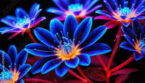 Macro Image of Vibrant Luminescent Blue Flowers with Orange Centers and Dewdrops