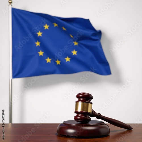 A symbolic representation of the EU through an image featuring its flag behind a gavel on a judges bench embodying themes of legal governance and justice within the European Union photo