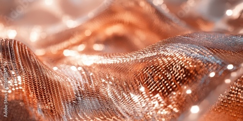 A shimmering rose-gold metallic fabric with intricate reflections and gentle waves, glowing softly under diffused studio lighting. photo