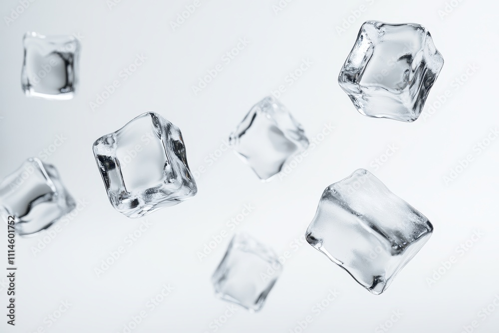 Transparent ice cubes floating in mid-air isolated on a white background Transparent ice cubes floating in mid-air isolated on a white background