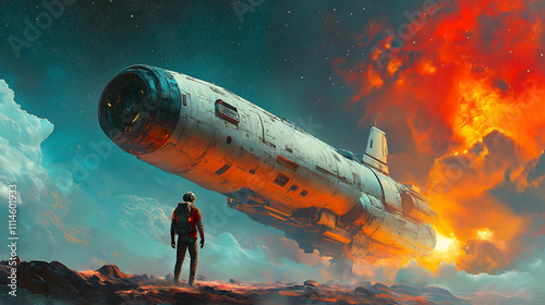 Astronaut Stands Before a Massive Spaceship with Fiery Sky Backdrop