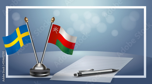 Sweden and Oman Small national flag on bokeh background, cooperative relationship