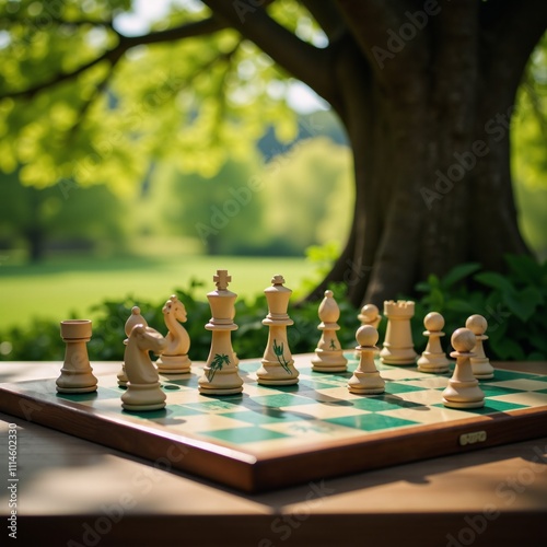 A sustainable chess game portrays strategic conservation moves on a chessboard beneath a leafy tree photo