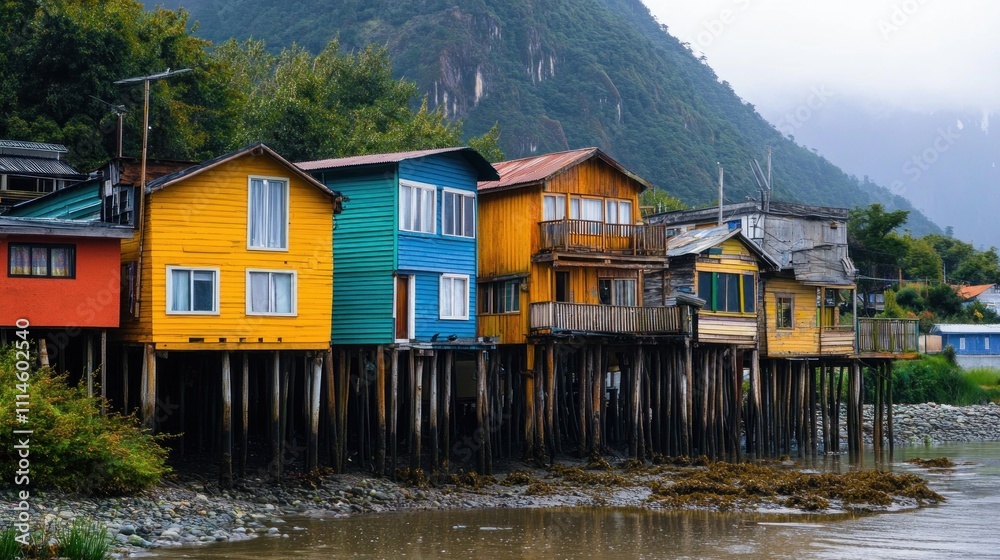Naklejka premium Colorful Stilt Houses on a Misty Day