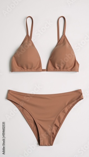 Female modern beachwear string bikini with flat triangle cups and low-rise bottoms isolated against a pure white backdrop photo