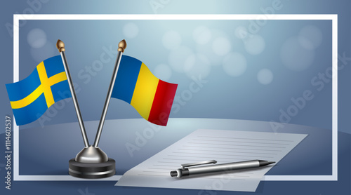 Sweden and Romania Small national flag on bokeh background, cooperative relationship