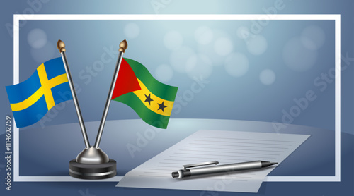 Sweden and Sao Tome and Principe Small national flag on bokeh background, cooperative relationship