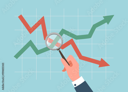 Hold positions during downturn in market activity, look into future to plan further actions, search for strategy for company operation during economic instability, hand with loupe analyzes arrows.