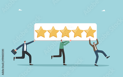 Customer feedback about product or service quality, five star rating, positive service feedback, experience, evaluation rank, user satisfaction, men running with sign with a five star rating.