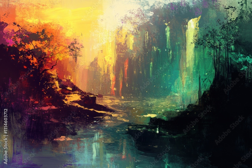 Fototapeta premium Abstract Painting Of A Mystical Forest River Scene