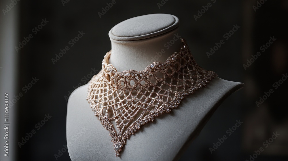 Obraz premium Elegant beige crocheted lace choker necklace on display stand.