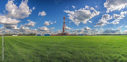 Dramatic clouds overhead with an oil drilling rig in a vast green field during daylight