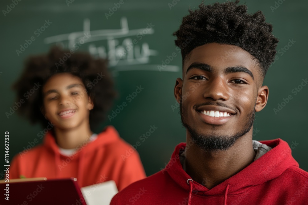 Two high school students posing in front of chalkboard during math lesson, one student holding a book and slightly out of focus, both smiling