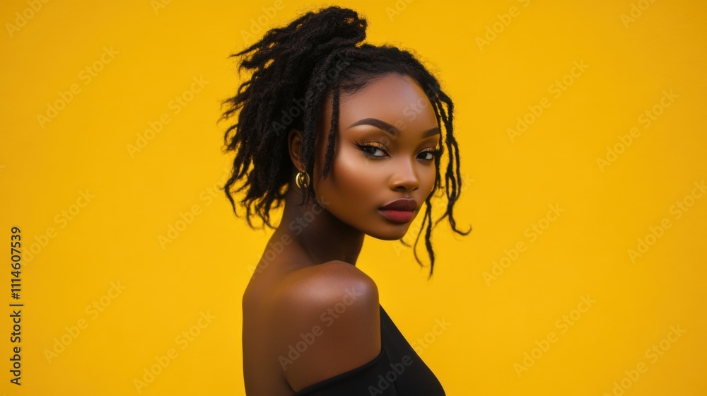 A woman stands confidently in a black monochrome outfit, showcasing her unique style against a bright yellow backdrop. Her hair is styled in loose curls, adding to her expressive look